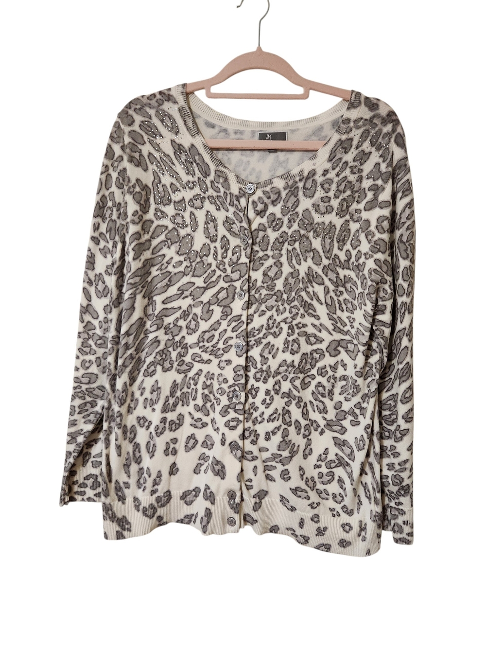 Animal Print Crewneck Cardigan - Beige/Gray Large